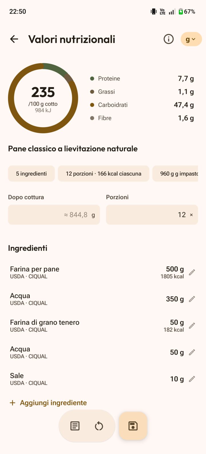 Calcolatore nutrizionale con calorie, macro e porzioni