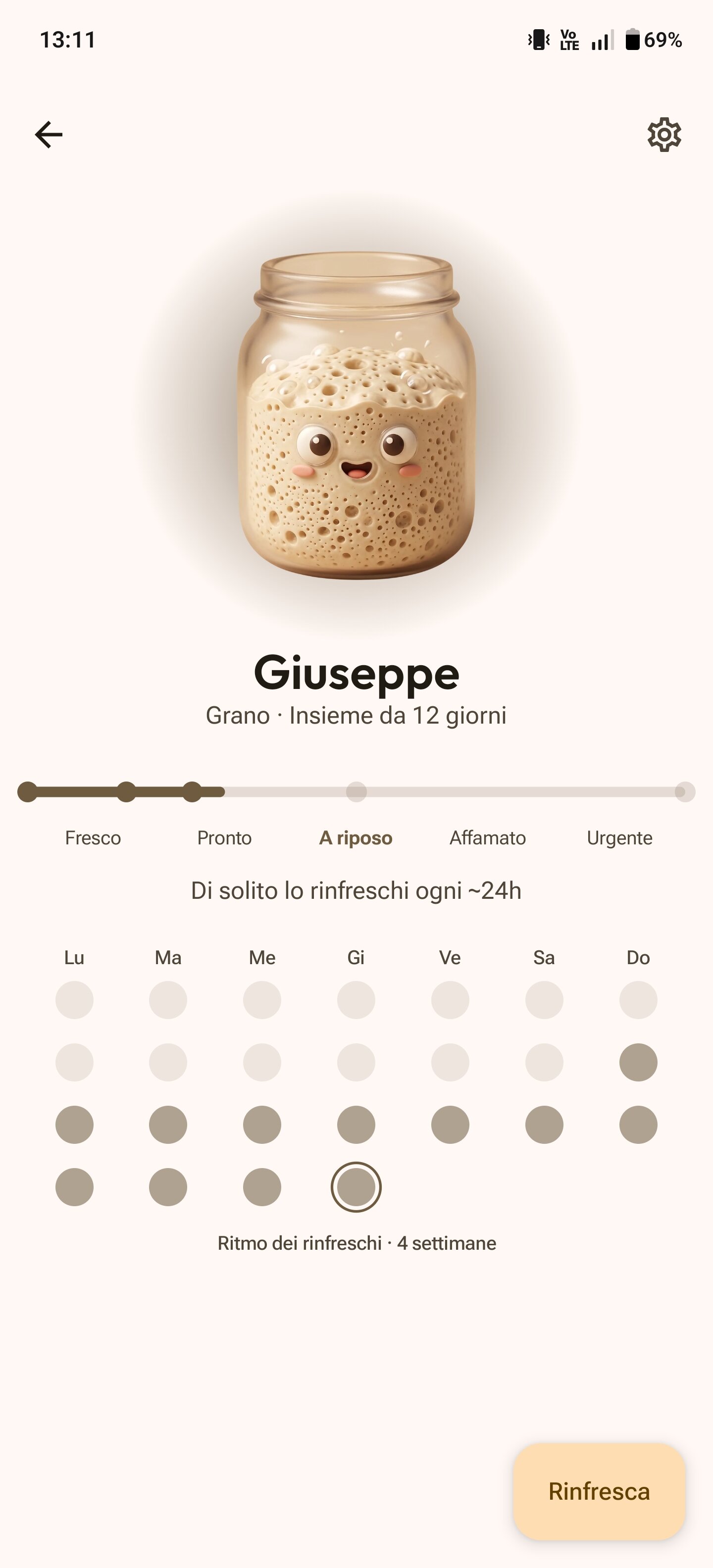 Schermata lievito madre con avatar di vasetto, timeline del ciclo e heatmap di rinfresco di 28 giorni