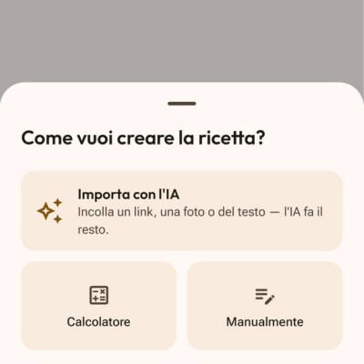 Creazione ricetta nell'app Flourwise: opzioni Importa con AI, Nel calcolatore e Manualmente