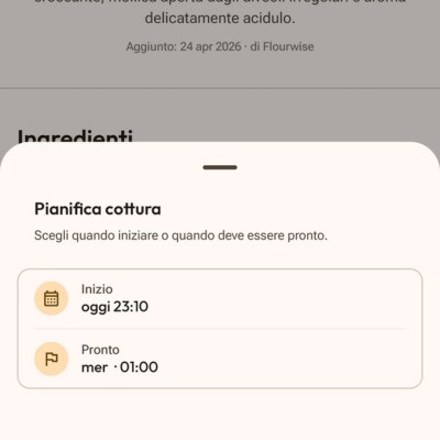Pianificazione cottura in Flourwise: selettori orari Inizio e Fine, programma