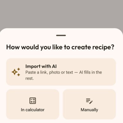 Recipe creation bottom sheet with Import with AI, In calculator and Manually options