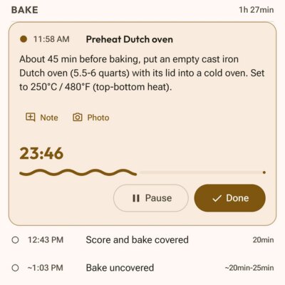 Active bake step with live timer and pause/done controls
