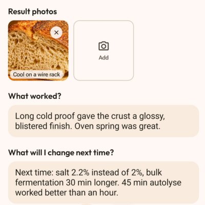 Bake journal entry with result photos, what worked and what to change next time
