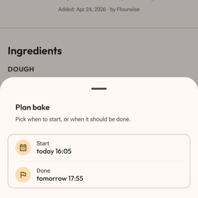 Plan bake bottom sheet with Start and Done time selectors