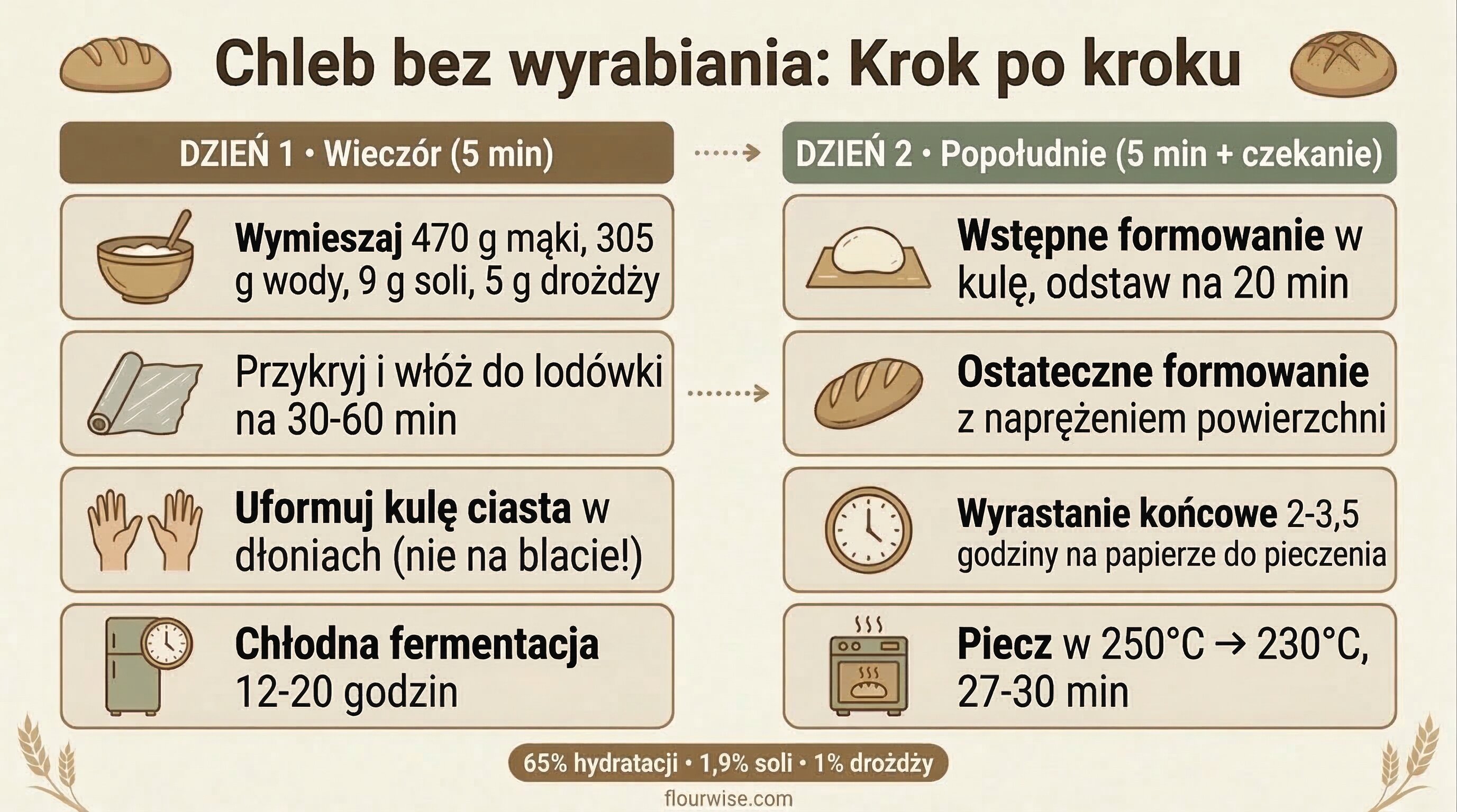 Infografika procesu chleba bez wyrabiania krok po kroku pokazująca mieszanie wieczorem w dniu 1 i formowanie oraz pieczenie po południu w dniu 2 przy 65% nawodnieniu