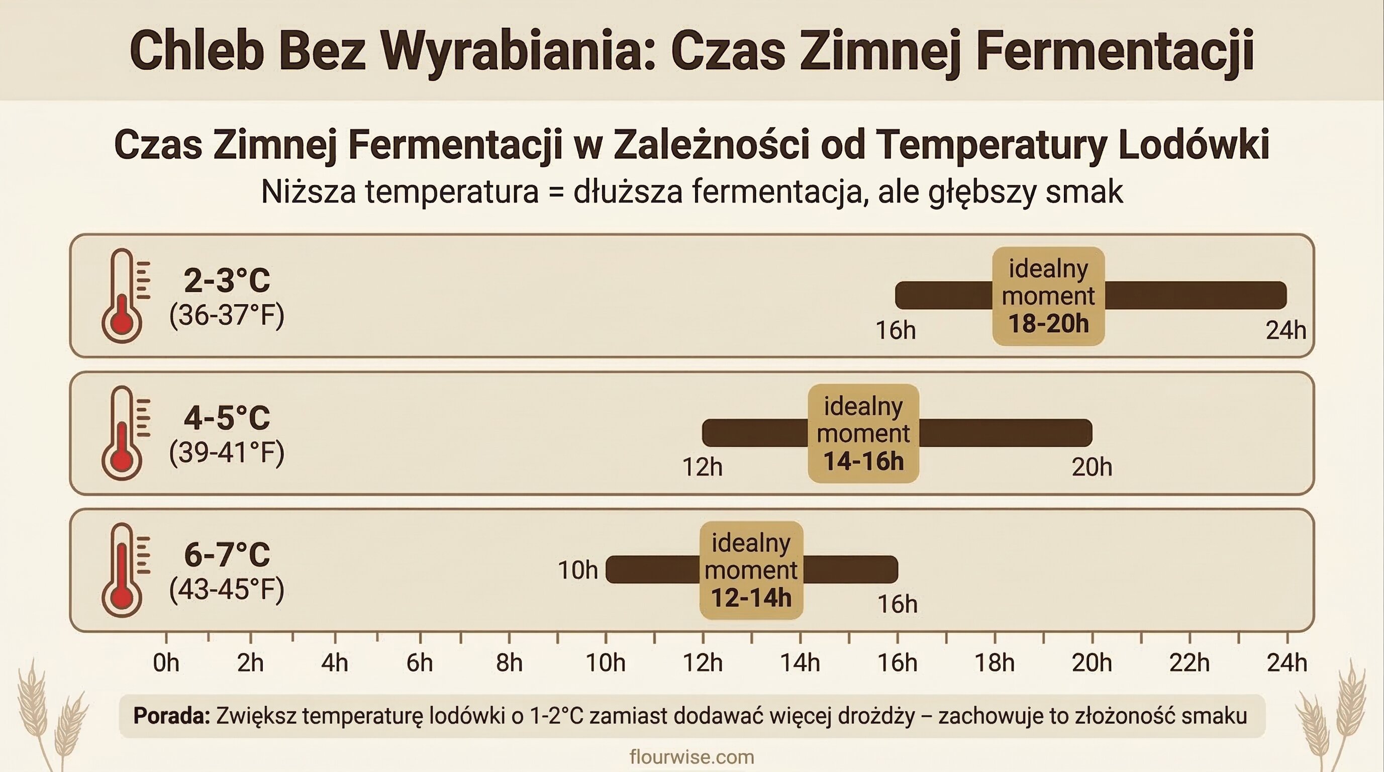 Tabela czasów zimnej fermentacji chleba bez wyrabiania pokazująca optymalne godziny dla temperatur lodówki od 2°C do 7°C