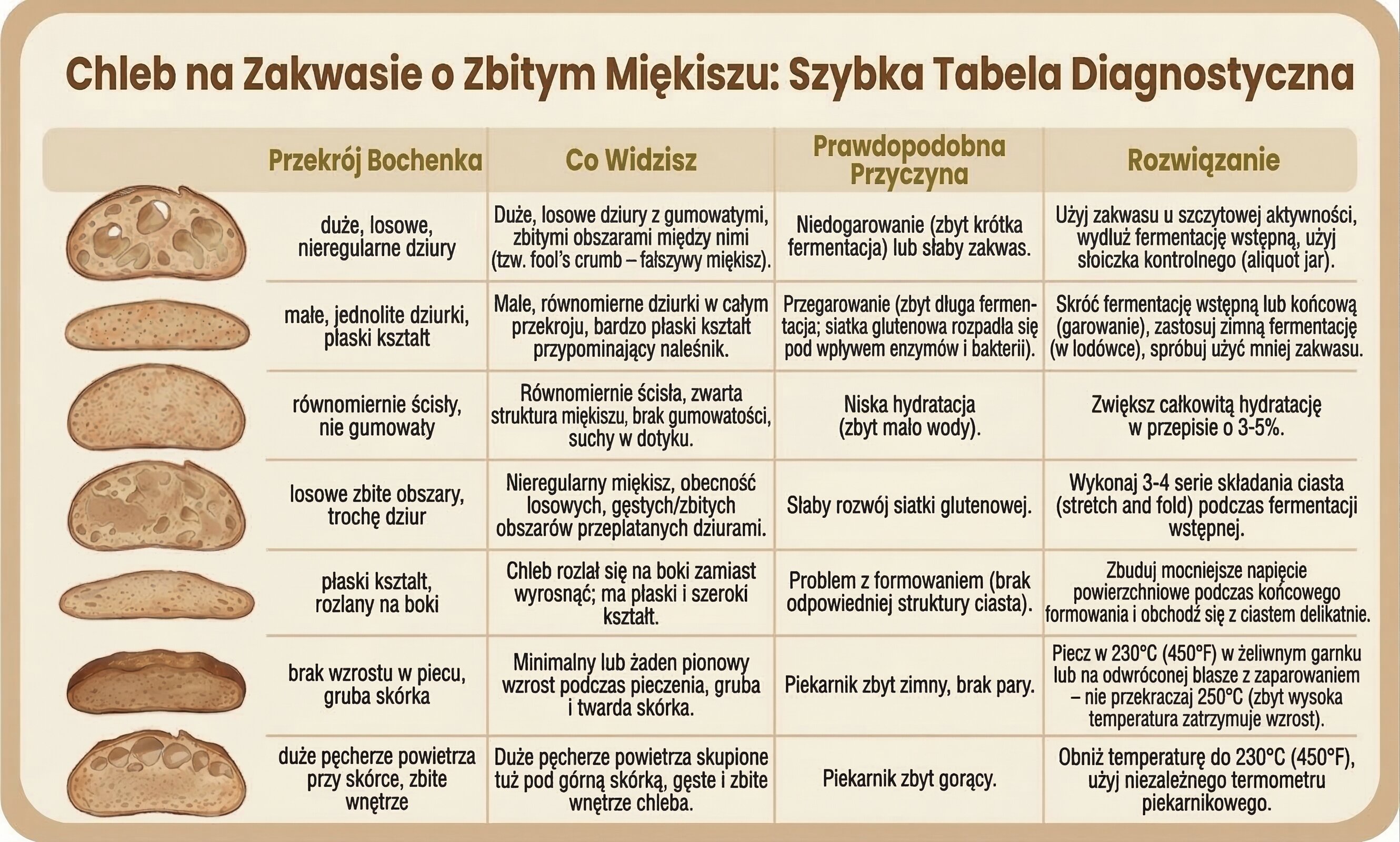 Szybka tabela diagnostyczna zbitego zakwasowca pokazująca siedem typowych problemów z ilustrowanymi przekrojami chleba, ich wizualnymi objawami, prawdopodobnymi przyczynami i konkretnymi rozwiązaniami