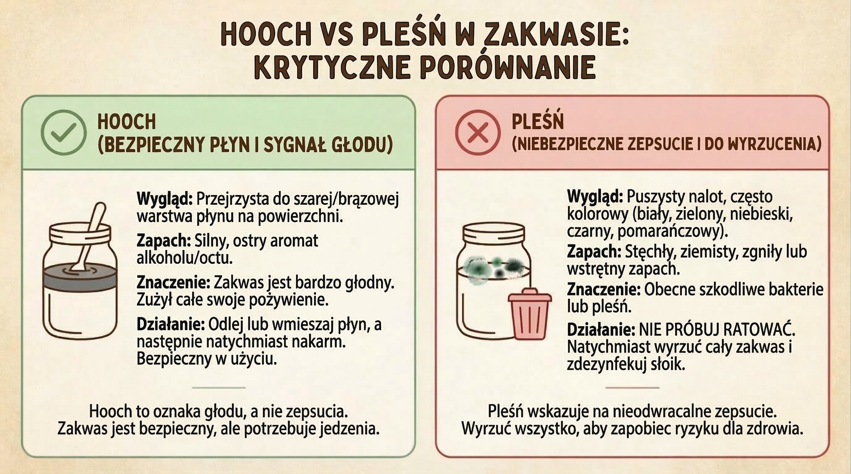 Infografika porównująca bezpieczną warstwę płynu (hooch) z niebezpiecznym nalot pleśni w zakwasie, z wyraźnymi różnicami wizualnymi i instrukcjami działania