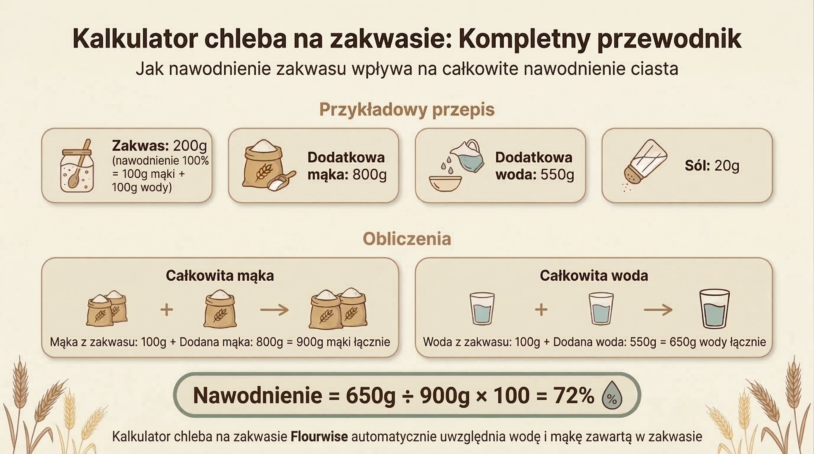 Kompletny przewodnik kalkulatora do chleba na zakwasie pokazujący obliczenia nawodnienia ze starterem