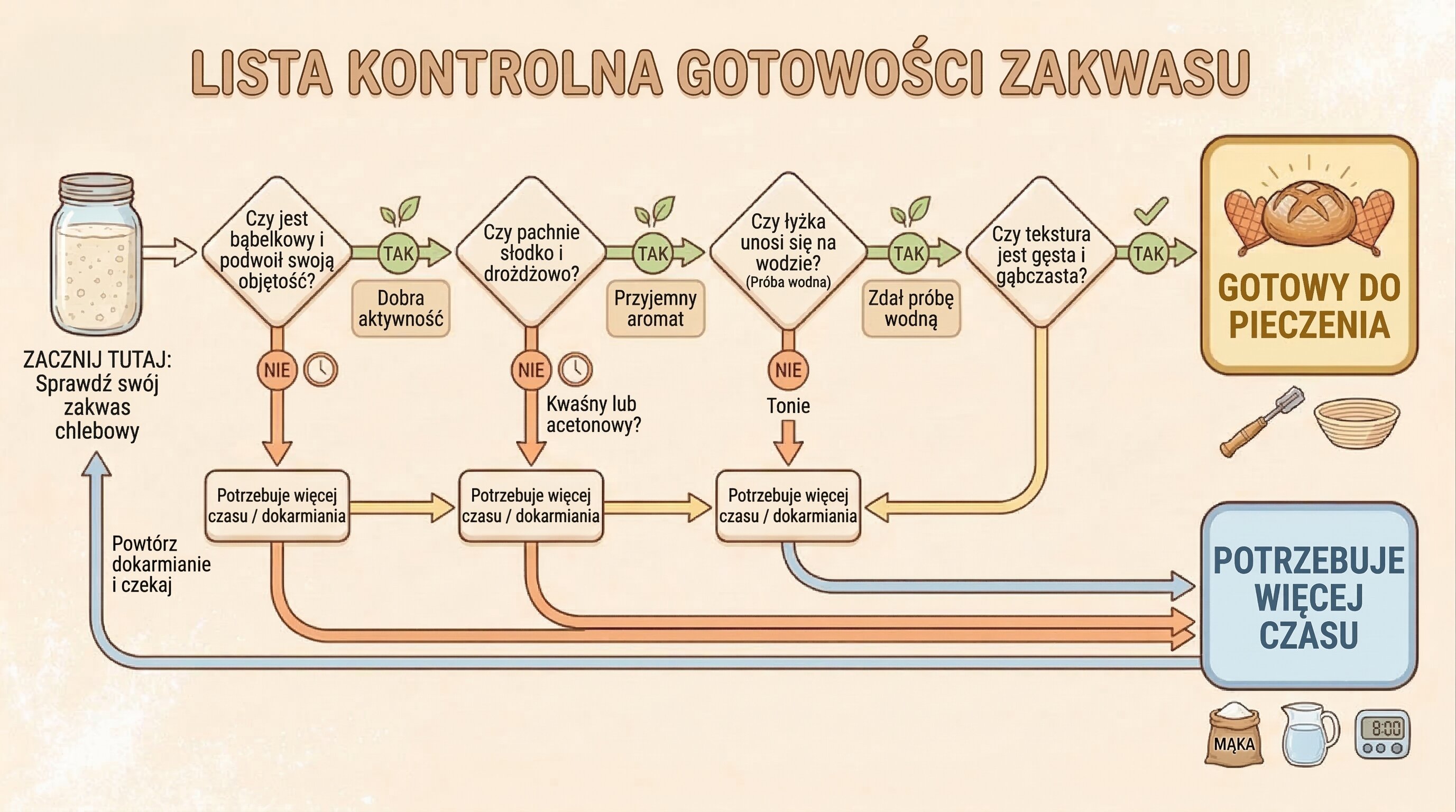 Schemat blokowy listy kontrolnej gotowości zakwasu pokazujący jak sprawdzić czy zakwas jest gotowy do pieczenia testem pływania