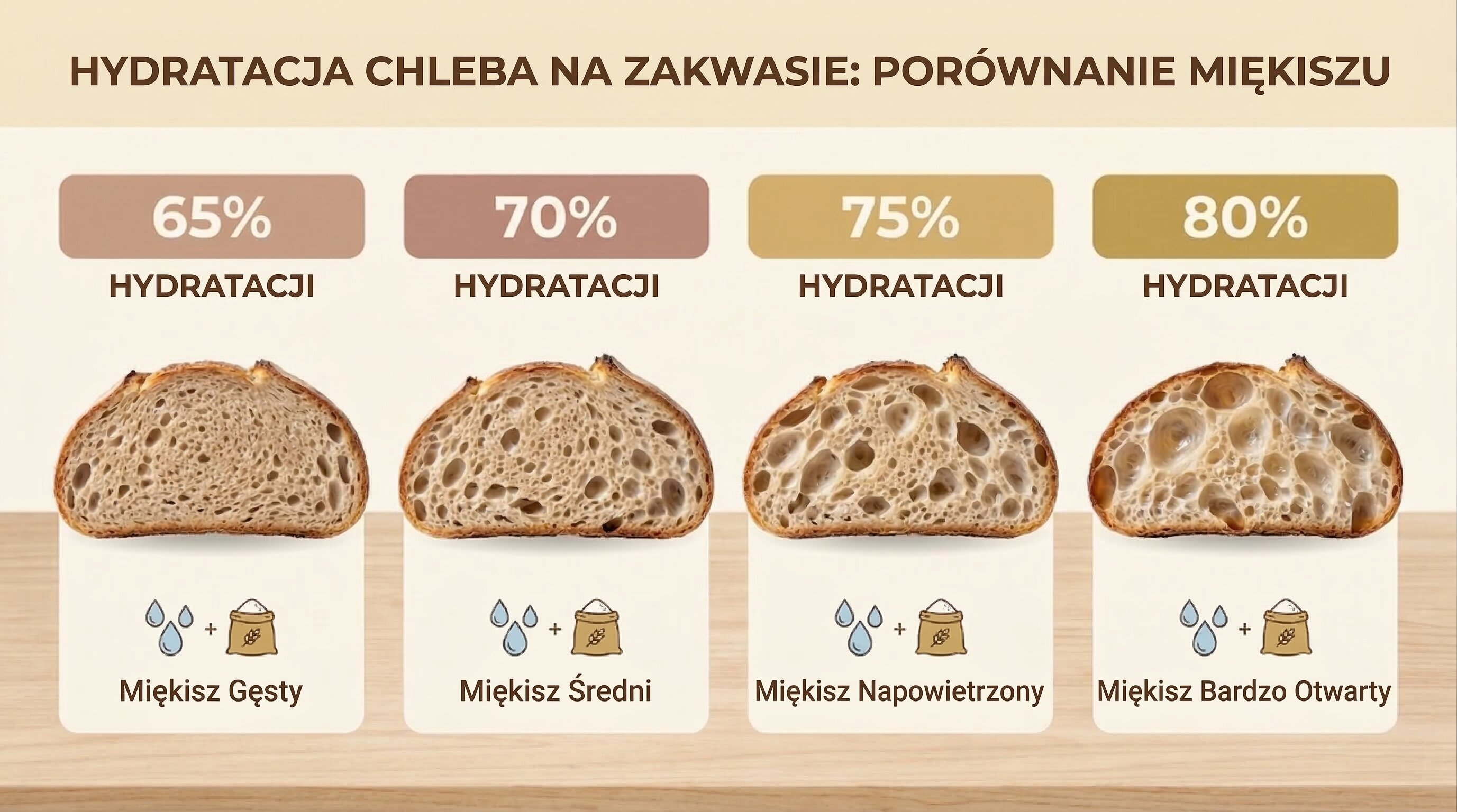 Porównanie nawodnienia chleba na zakwasie przy 65%, 70%, 75% i 80%