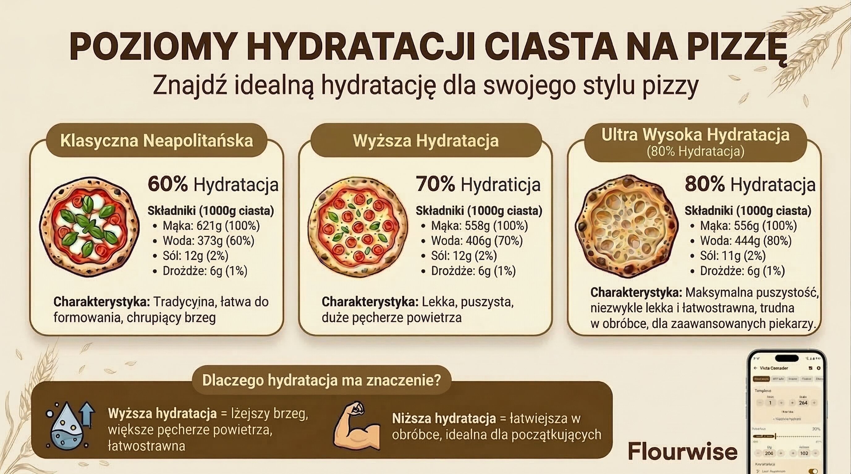 Porównanie nawodnienia ciasta na pizzę pokazujące 60% klasyczne neapolitańskie, 70% wyższe nawodnienie i 80% ultra-wysokie nawodnienie