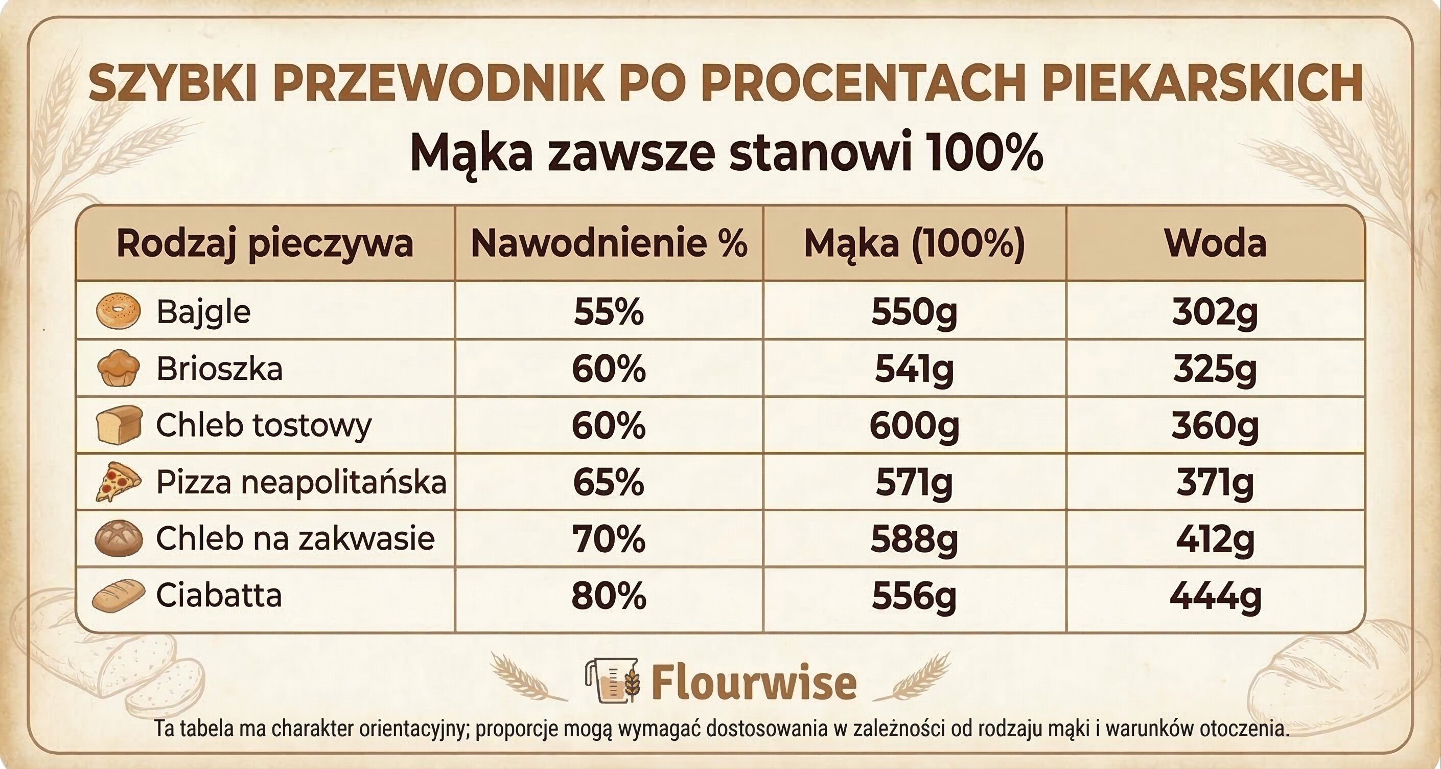 Tabela procentów piekarskich z poziomami nawodnienia dla różnych rodzajów chleba
