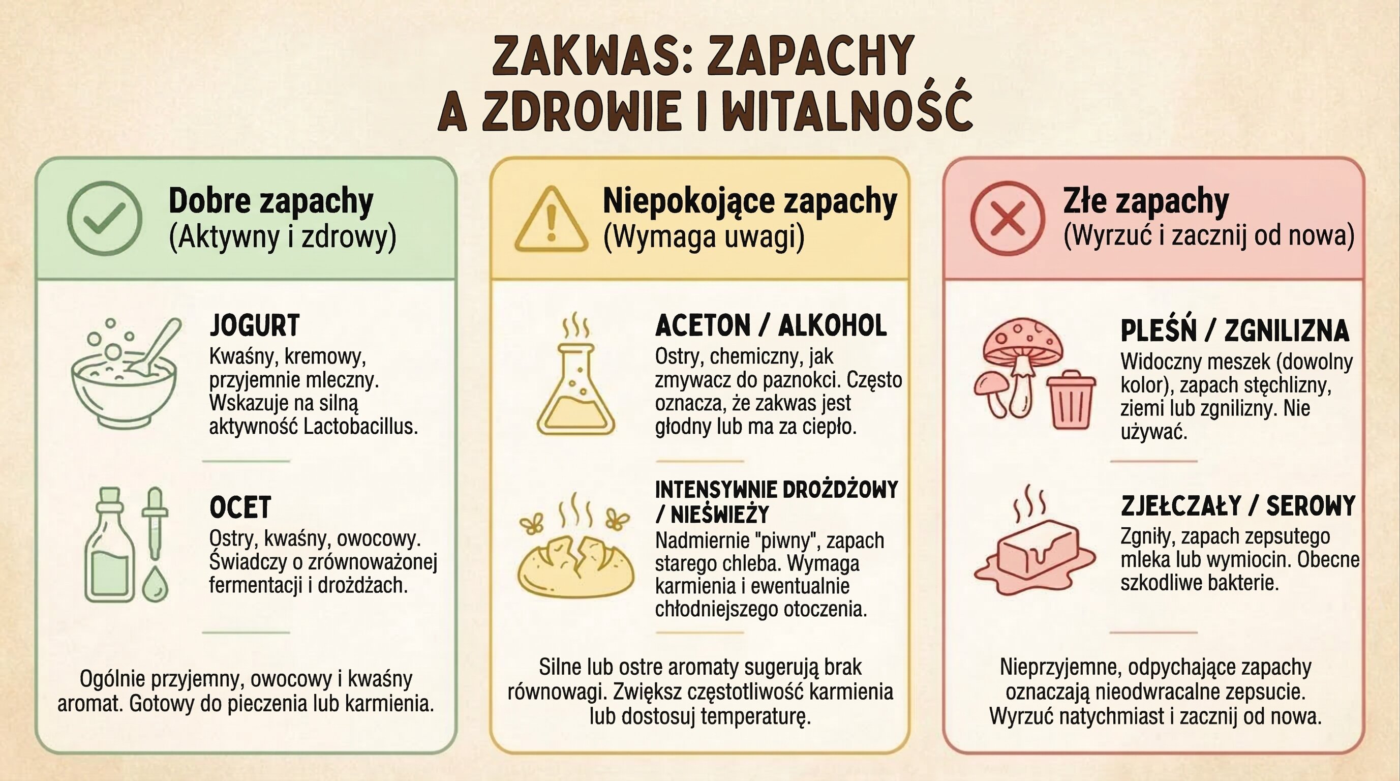 Kompleksowa infografika przewodnika zapachów zakwasu pokazująca dobre zapachy jak jogurt i ocet, niepokojące jak aceton i alkohol, oraz złe jak pleśń i gnijące z oznaczonymi sekcjami i ikonkami