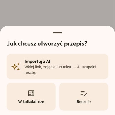 Ekran dodawania przepisu w aplikacji Flourwise: opcje Import AI, W kalkulatorze i Ręcznie