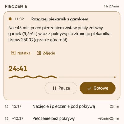 Aktywny krok wypieku z minutnikiem na żywo, notatkami i zdjęciami