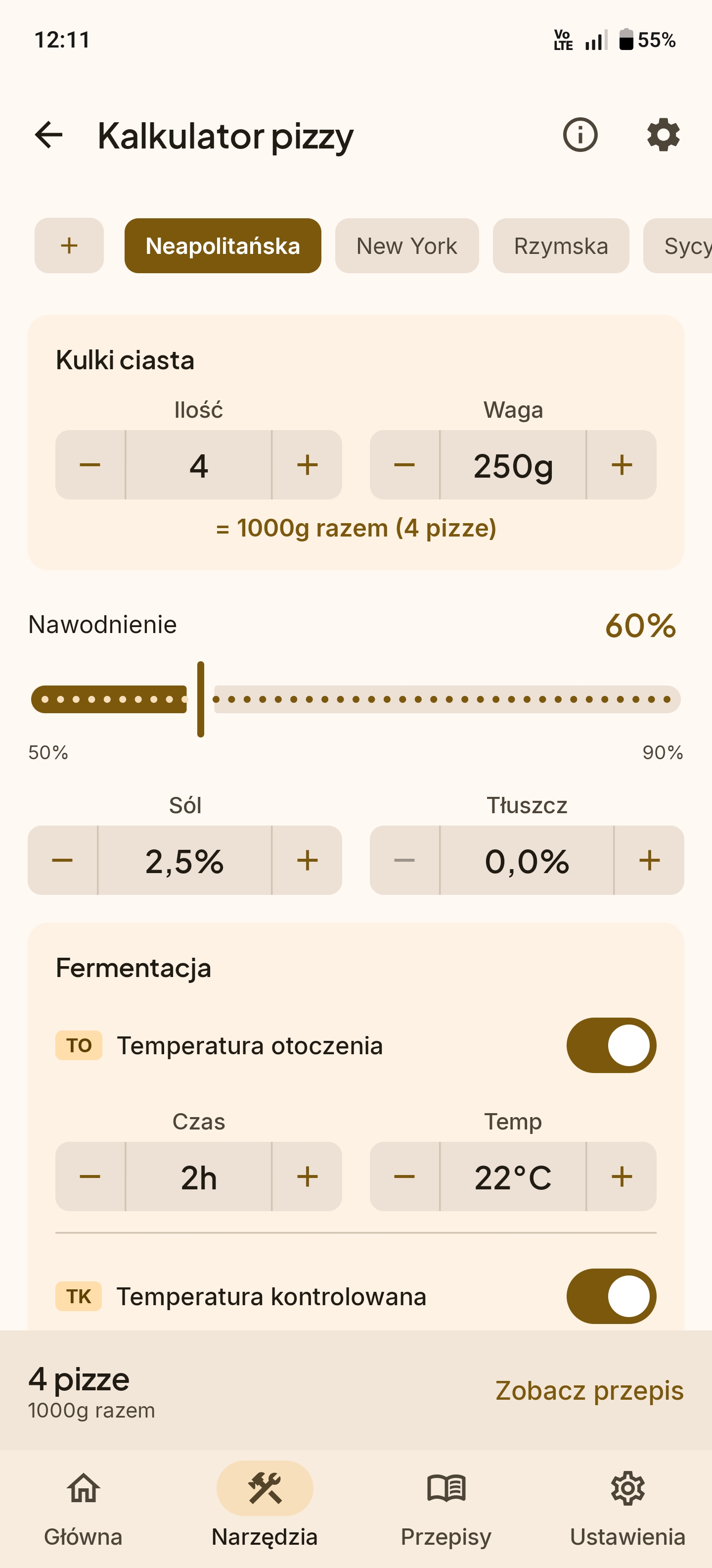 Kalkulator ciasta na pizzę z nawodnieniem dla pizzy neapolitańskiej, nowojorskiej i rzymskiej
