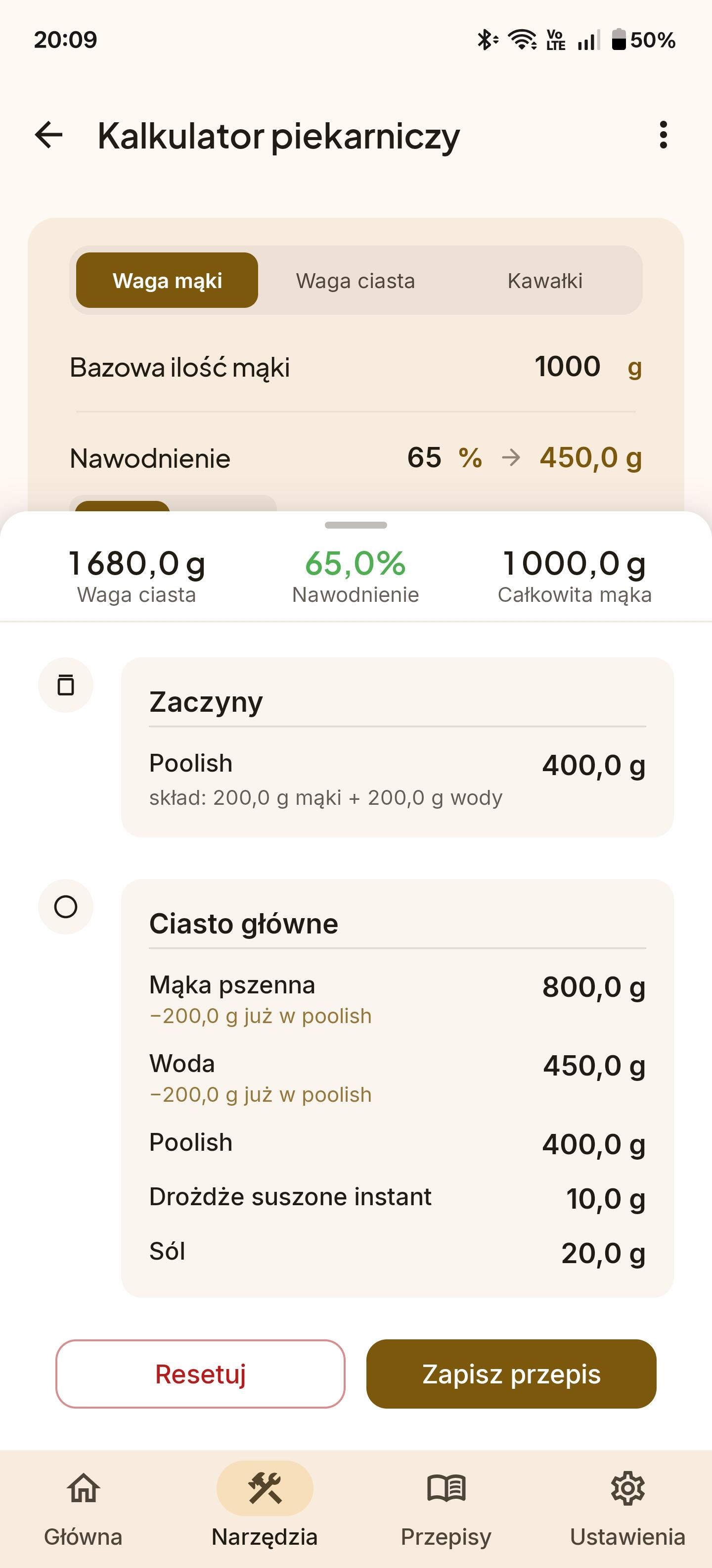 Kalkulator ciasta na pizze z kalkulatorem nawodnienia, przelicznikiem składników i kalkulatorem zakwasu. Obliczenia wagi ciasta i procentów piekarskich