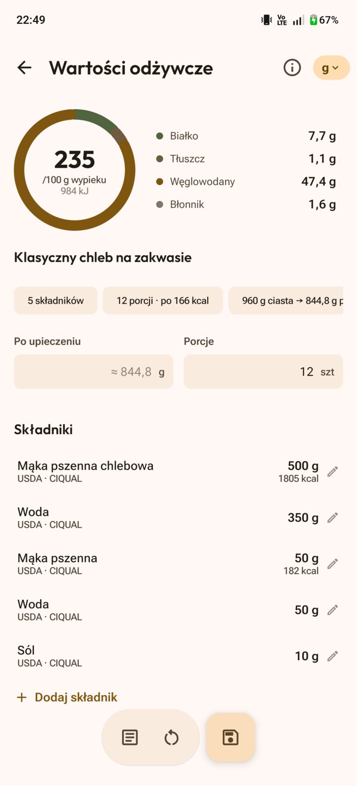 Kalkulator kalorii wypieku z wartościami odżywczymi, makro i porcjami
