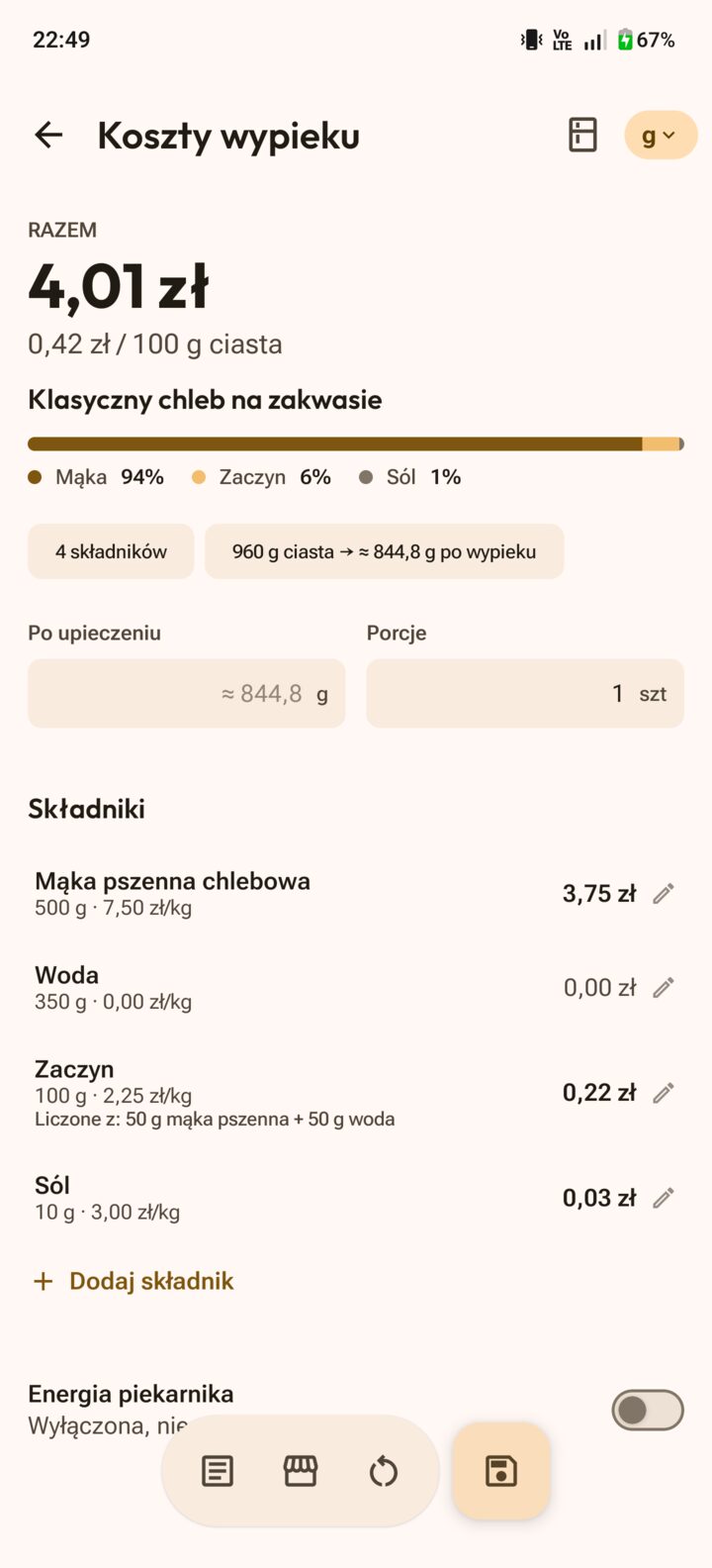 Kalkulator kosztu wypieku z kosztem przepisu, porcjami i cenami składników