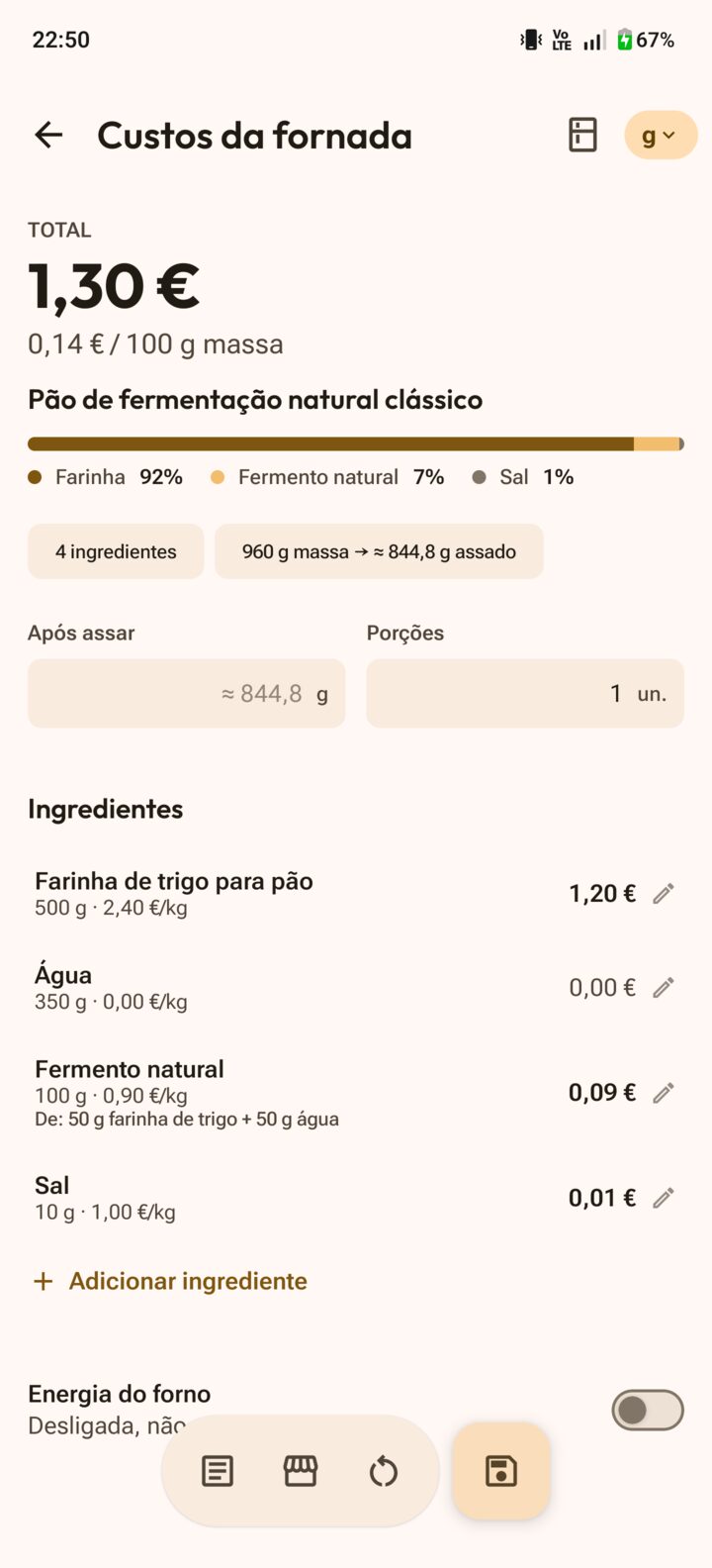 Calculadora de custo da fornada com custo da receita, porções e preços de ingredientes