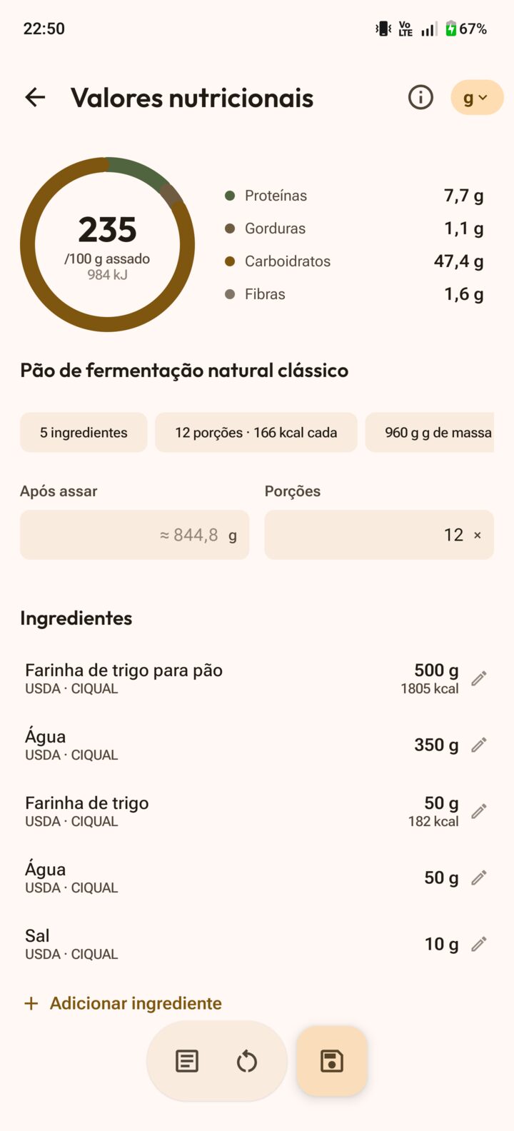 Calculadora nutricional com calorias, macros e porções