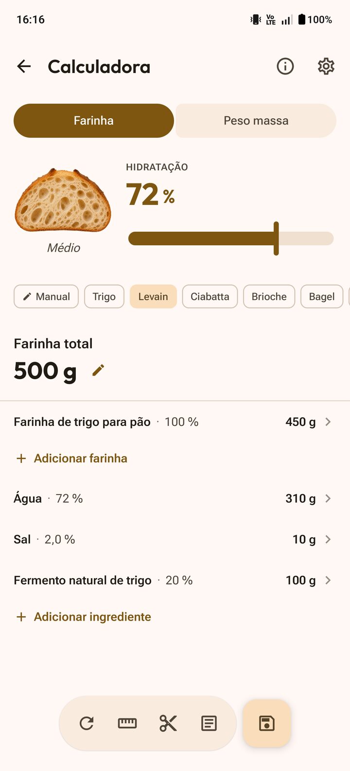 Calculadora de padeiro com porcentagem, hidratação e ingredientes