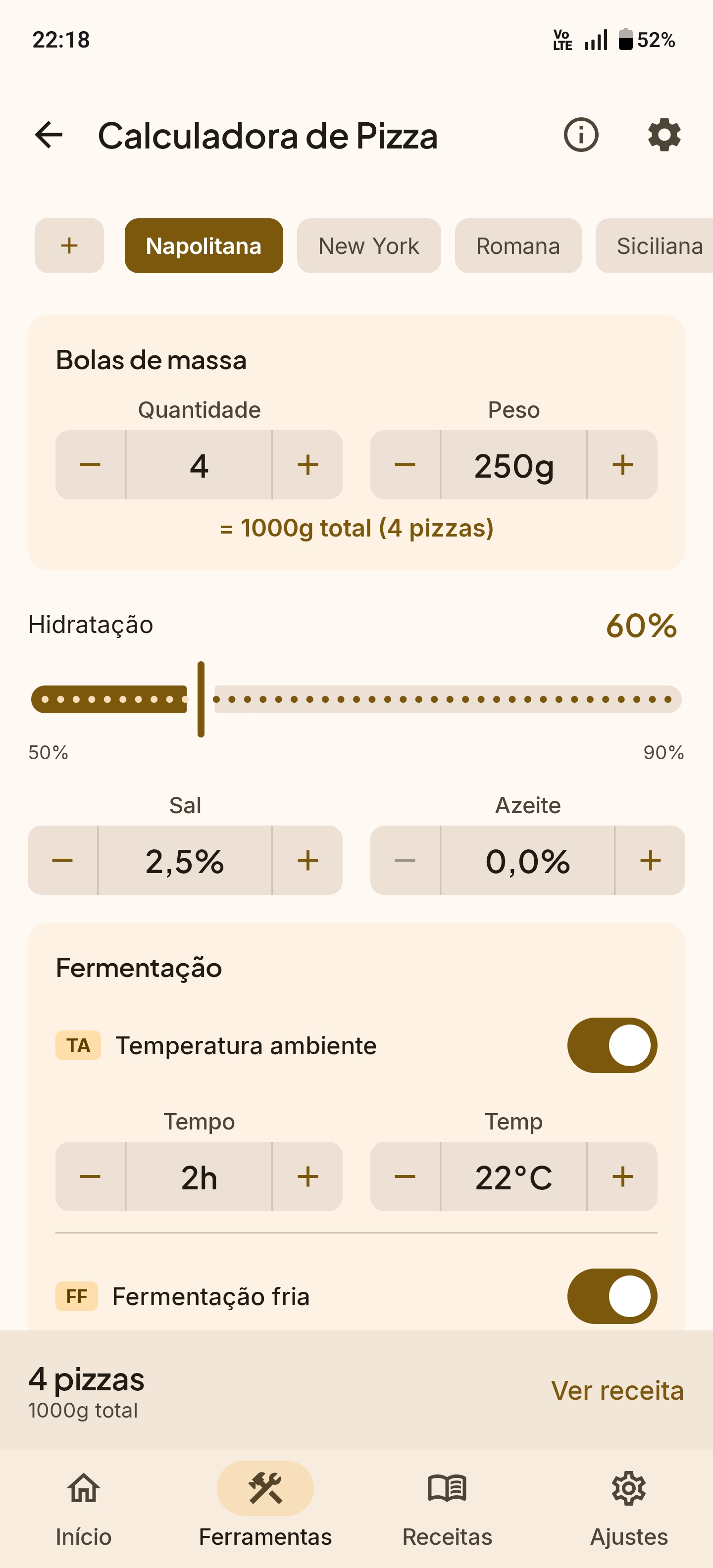Calculadora de pizza com níveis de hidratação para estilos Napolitana, Nova York e Romana
