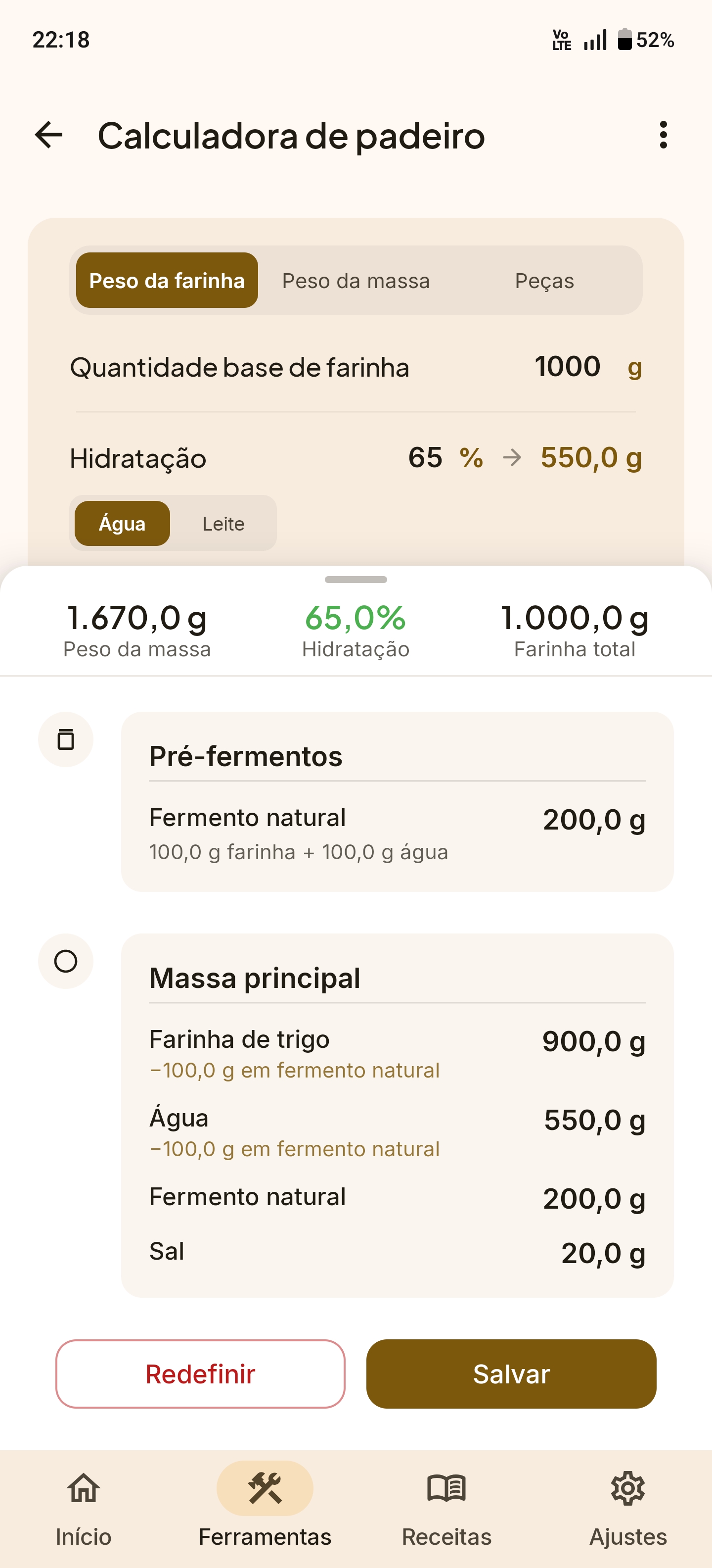 Calculadora de fermento natural com porcentagem de padeiro