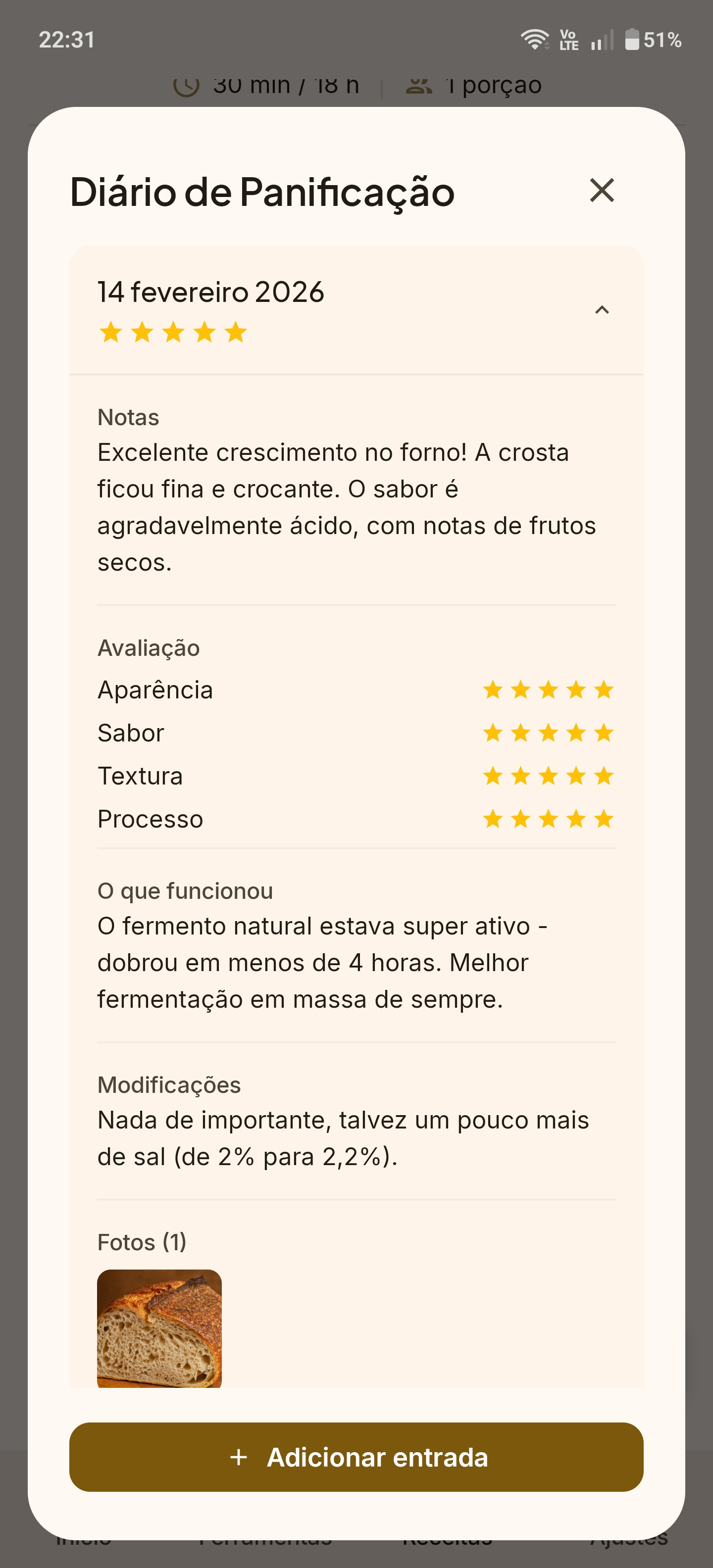 Diário de panificação com acompanhamento de progresso