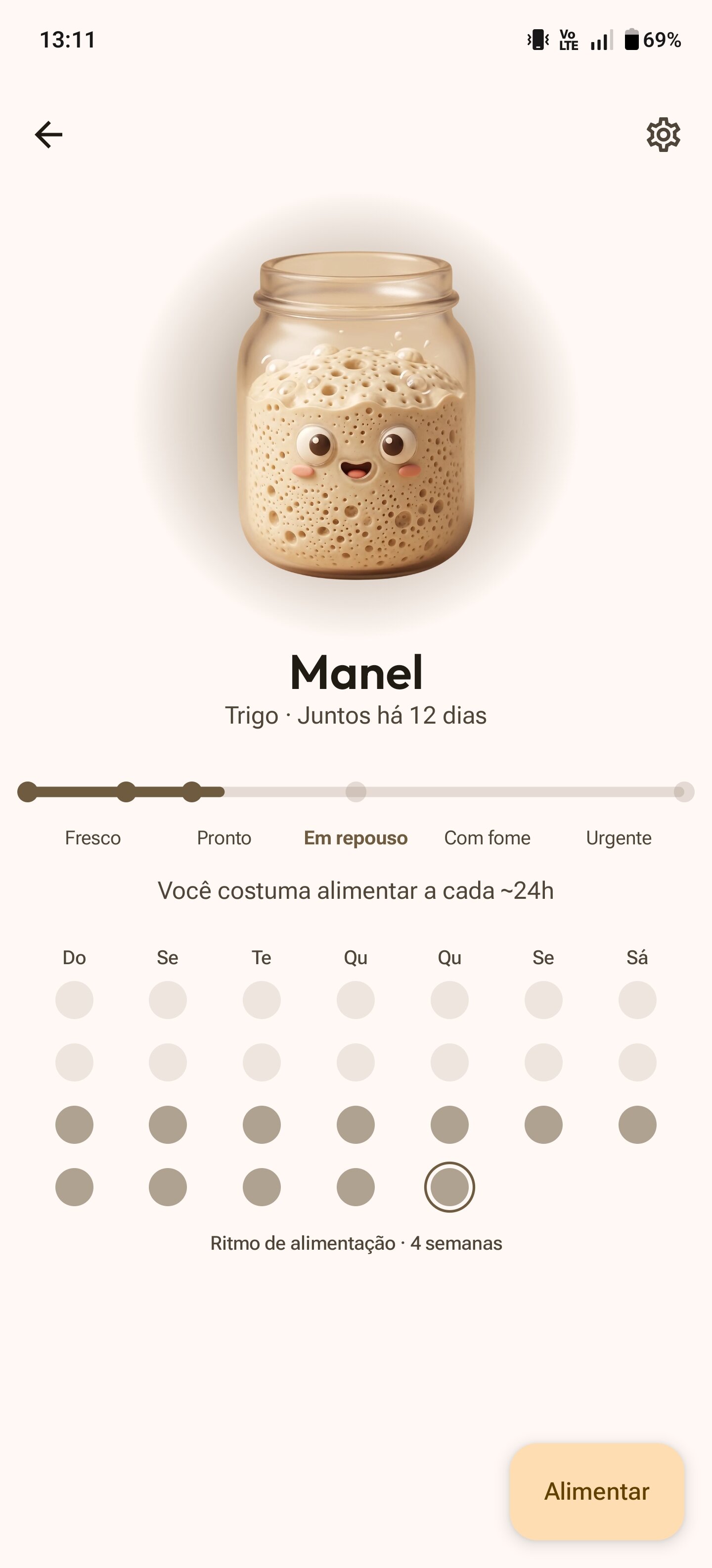 Tela de fermento natural com avatar de pote, linha do ciclo e heatmap de alimentações de 28 dias