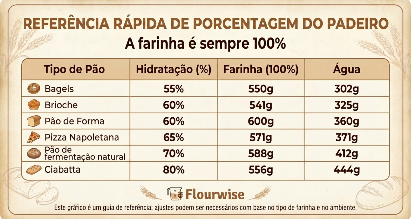 Referência rápida de porcentagem do padeiro com hidratação para bagels, brioche, pão de forma, pizza napolitana, pão de fermentação natural e ciabatta