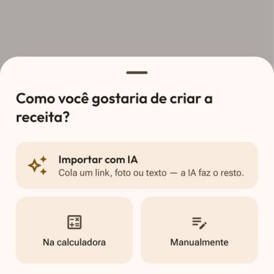 Criação de receita no app Flourwise: opções Importar com IA, Na calculadora e Manualmente