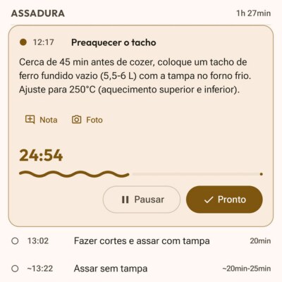 Etapa ativa da fornada com cronômetro ao vivo, notas e fotos no Flourwise