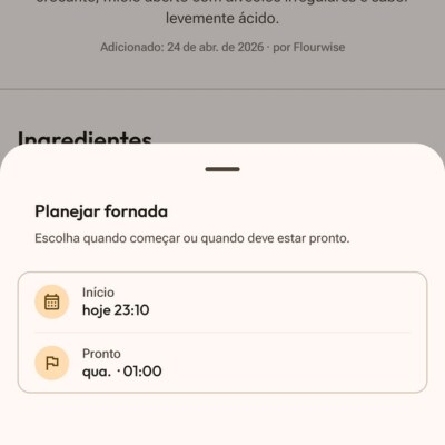 Planejamento de fornada no Flourwise: seletores de horário Início e Fim, cronograma